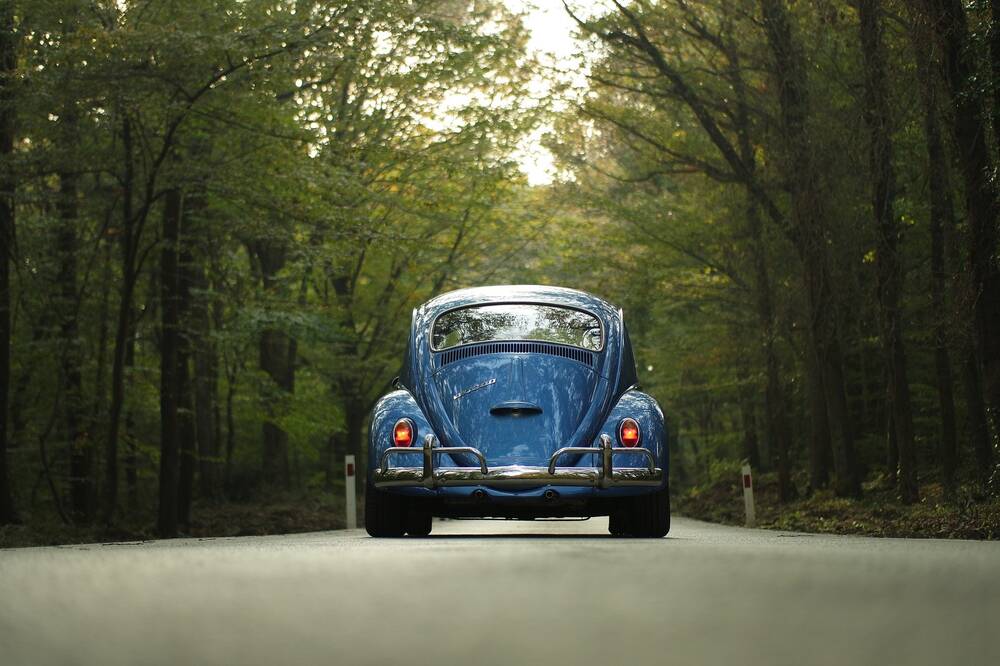 VW Käfer Oldtimer auf einer Landstraße im Wald.