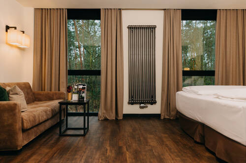 Sofa, Tisch und Bett im Comfort Waldblick Zimmer.